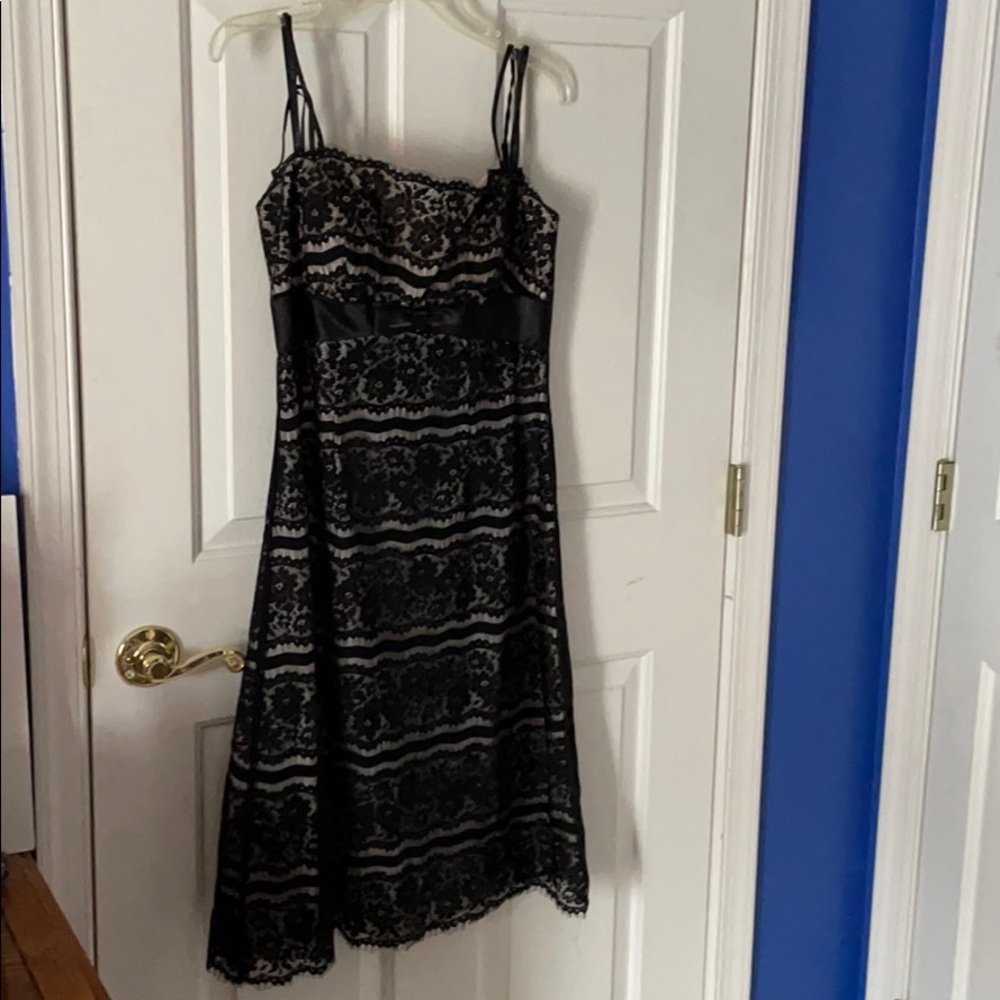 Delarue black lace dress with nude under slip sz10